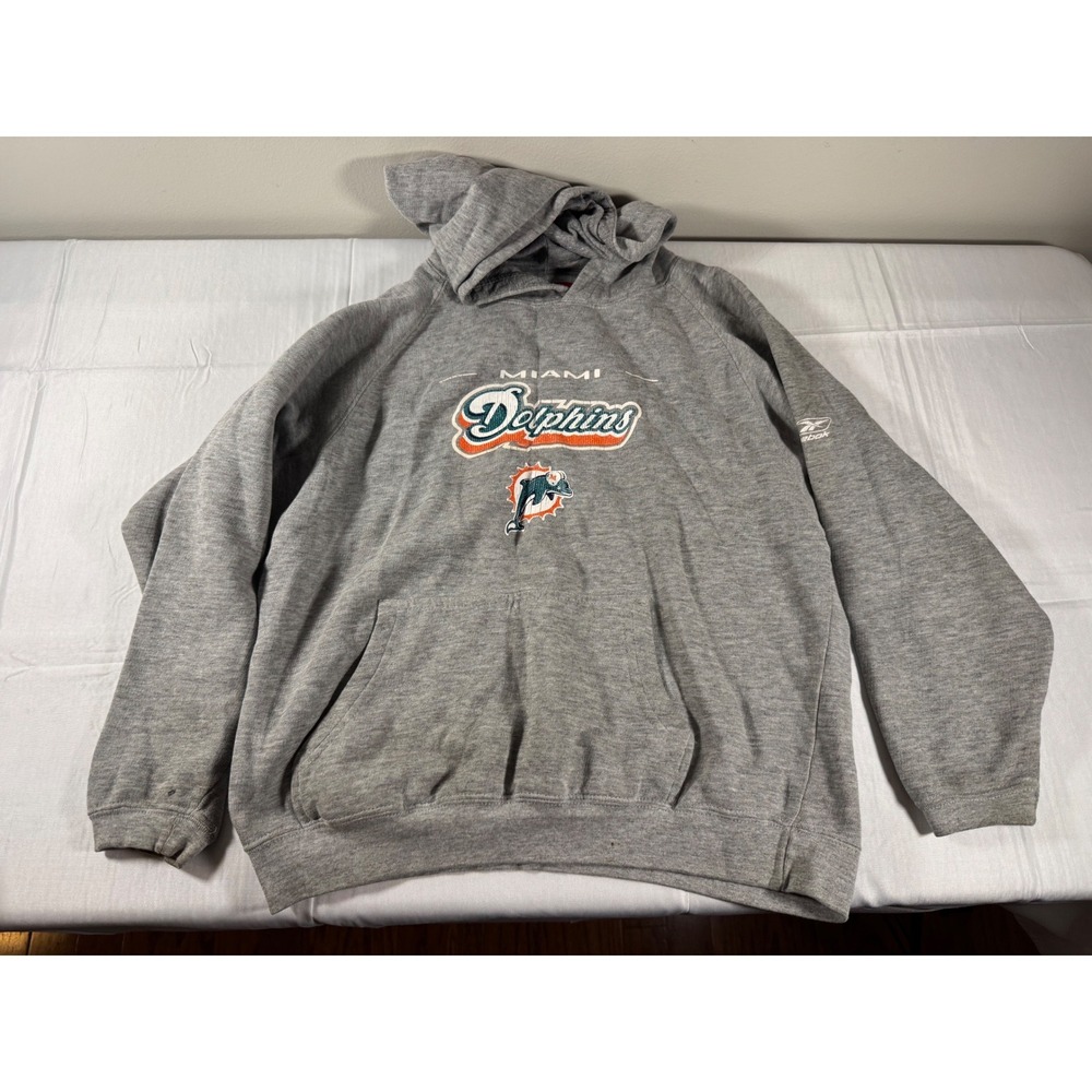 Y2K Reebok Miami Dolphins Hoodie Heather Gray Pullover Sweatshirt Mens Size S M